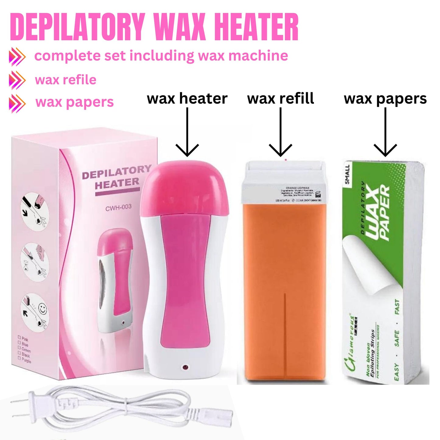 3-in-1 Depilatory Wax Heater Machine with Roll-On Wax Refill & Waxing Strips | Professional Electric Wax Kit for Women & Men | Face & Body Hair Removal Waxing Machine – Salon & Home Use